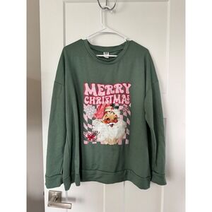 Digiprint Apparel Retro Santa Merry Christmas Sweatshirt Green Pink 2XL
